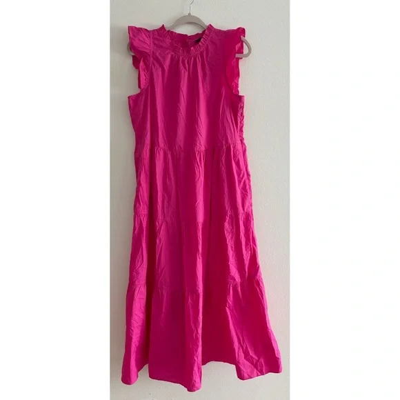 NWT J. Crew Pink Tiered Ruffle Sleeve Poplin Midi Sundress Dress Medium Tall - Picture 2 of 13